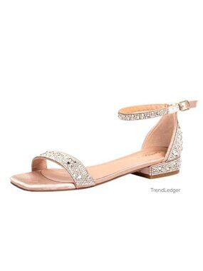 Wide Width Rhinestone Low Heel Square Toe Sandals